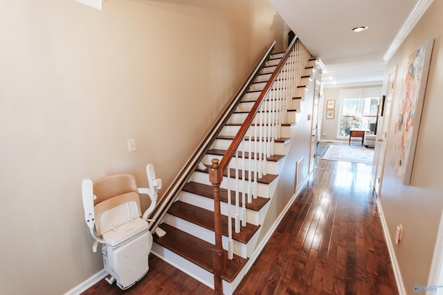 235 Inverness Dr Unit 235, Huntsville, AL 35802 - stairway with hardwood / wood-style flooring, baseboards, and crown molding