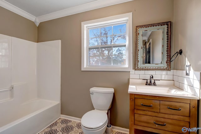 full bathroom featuring tasteful backsplash, tile patterned floors, toilet, vanity, and ornamental molding