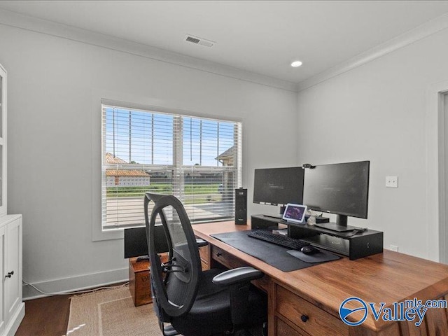 23819 Justin Brent Cir, Elkmont, AL 35620 - office area with crown molding, wood finished floors, and baseboards