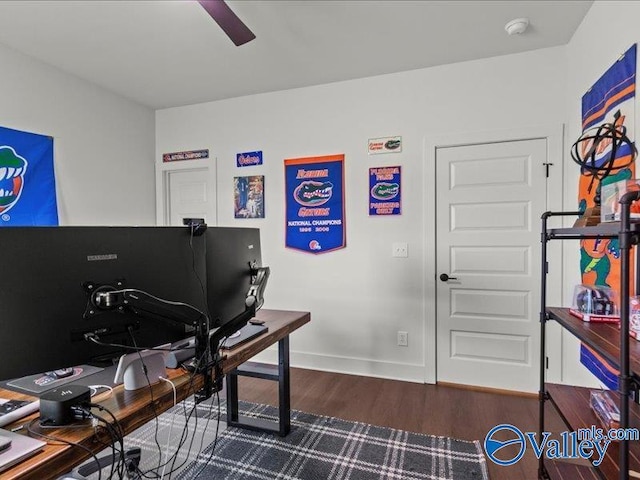 23819 Justin Brent Cir, Elkmont, AL 35620 - office area featuring wood finished floors, ceiling fan, and baseboards