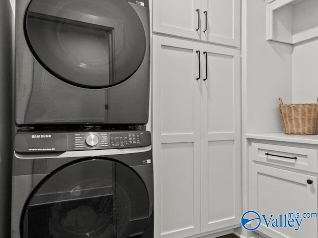 23819 Justin Brent Cir, Elkmont, AL 35620 - laundry room with cabinet space and stacked washer and clothes dryer