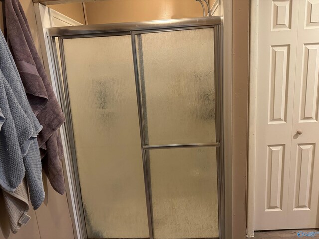 bathroom with a shower with door