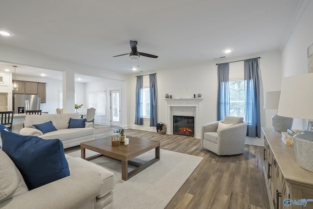 living room with ceiling fan, dark hardwood / wood-style floors, and ornamental molding