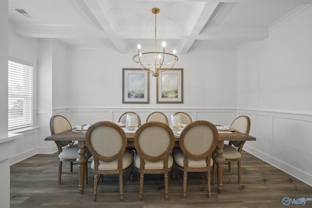 dining area with coffered ceiling, beam ceiling, and a chandelier