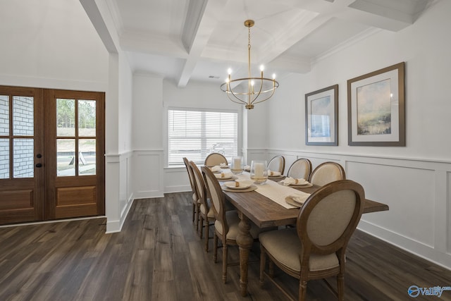 dining area featuring french doors, beamed ceiling, a healthy amount of sunlight, and coffered ceiling