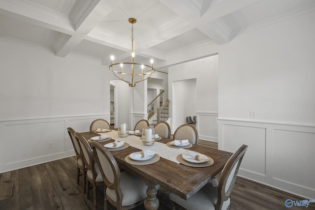 dining room with ornamental molding, coffered ceiling, beam ceiling, a chandelier, and dark hardwood / wood-style floors