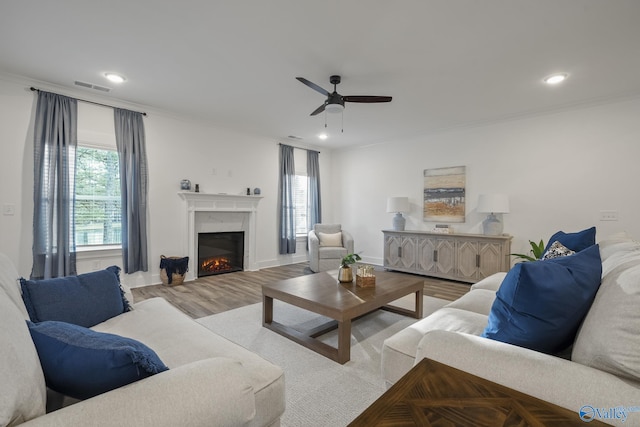 living room with light wood-type flooring, crown molding, and a wealth of natural light