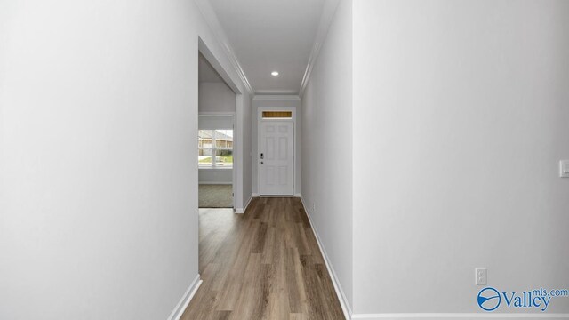 hallway featuring hardwood / wood-style flooring and ornamental molding