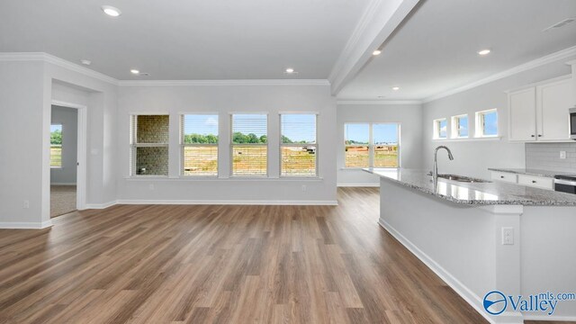 kitchen featuring sink, ornamental molding, dark wood-type flooring, decorative backsplash, and white cabinetry