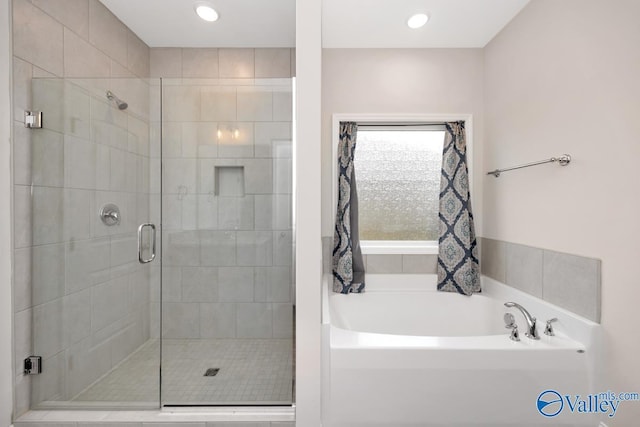 114 Burdine St, New Market, AL 35761 - full bathroom featuring a shower stall, a bath, and recessed lighting