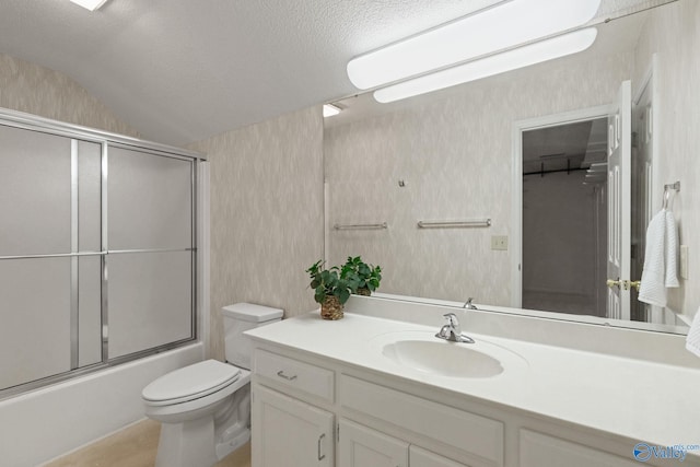 full bathroom with vanity, lofted ceiling, toilet, enclosed tub / shower combo, and a textured ceiling