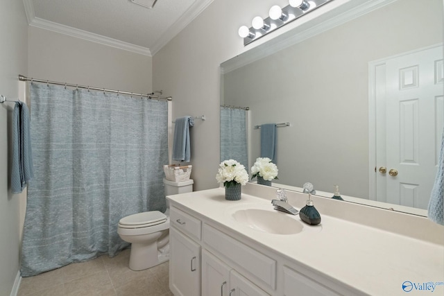 bathroom featuring toilet, vanity, tile patterned floors, and crown molding