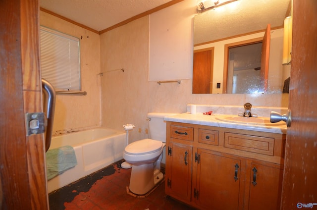 bathroom with a textured ceiling, toilet, vanity, and a tub to relax in