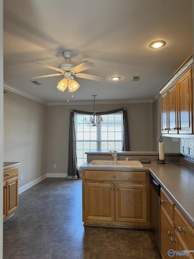 kitchen featuring stainless steel dishwasher, brown cabinets, visible vents, and a sink