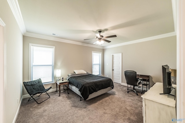 bedroom featuring carpet flooring, ceiling fan, and crown molding