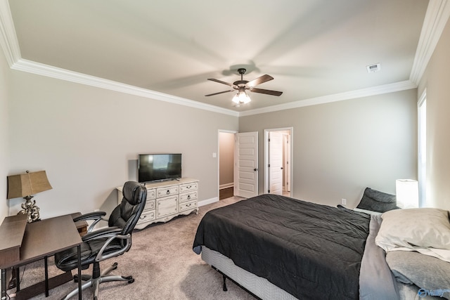 carpeted bedroom featuring ceiling fan and ornamental molding