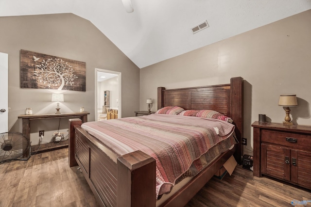 20729 Colonial Dr, Athens, AL 35614 - bedroom with wood finished floors, ensuite bath, a ceiling fan, and high vaulted ceiling