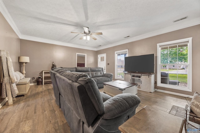 20729 Colonial Dr, Athens, AL 35614 - living room featuring ceiling fan, light wood finished floors, baseboards, ornamental molding, and a textured ceiling