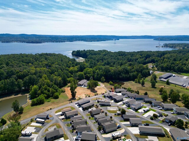 bird's eye view featuring a water view, a residential view, and a wooded view