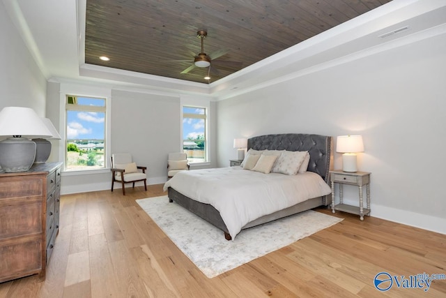 217 Idle Creek Dr, Huntsville, AL 35811 - bedroom featuring baseboards, light wood-style floors, visible vents, a tray ceiling, and wooden ceiling