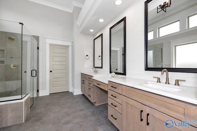 217 Idle Creek Dr, Huntsville, AL 35811 - full bathroom featuring recessed lighting, vanity, crown molding, and a stall shower