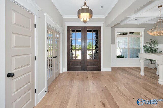 217 Idle Creek Dr, Huntsville, AL 35811 - foyer featuring visible vents, french doors, wood finished floors, and beam ceiling