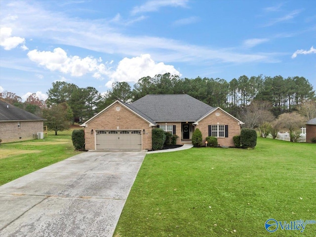 ranch-style house featuring a front yard and a garage