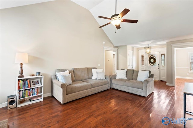 living room featuring ceiling fan, dark wood-type flooring, and high vaulted ceiling