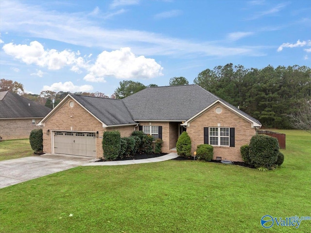 ranch-style house featuring a garage and a front lawn