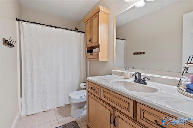 full bathroom featuring tile patterned flooring, vanity, shower / bath combination with curtain, and toilet