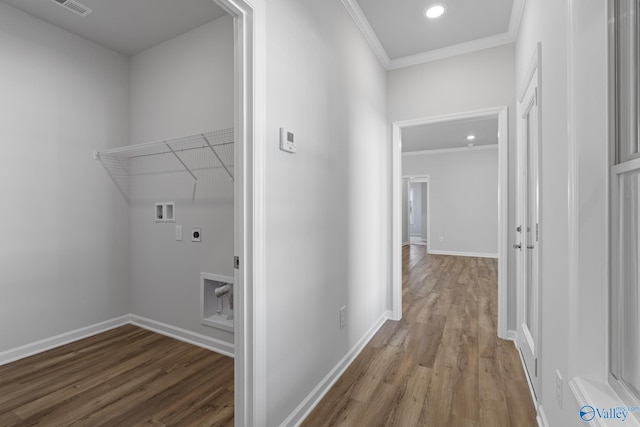 17437 Brooklawn St, Athens, AL 35611 - laundry area with hookup for a washing machine, wood finished floors, ornamental molding, electric dryer hookup, and baseboards