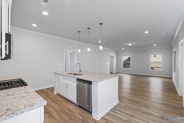 17437 Brooklawn St, Athens, AL 35611 - kitchen featuring dishwasher, a sink, ornamental molding, white cabinets, and light wood finished floors