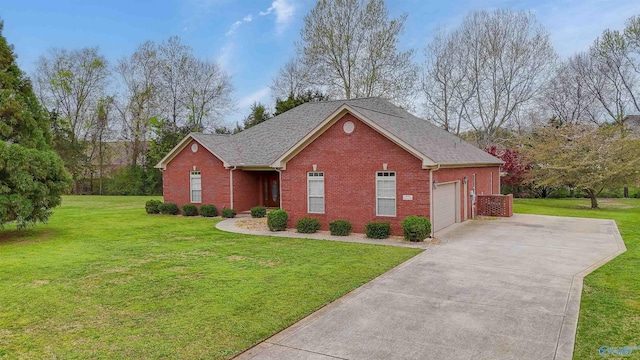 view of front of property featuring concrete driveway, an attached garage, a front lawn, brick siding, and a shingled roof