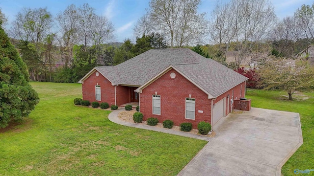 view of front of house featuring concrete driveway, a front lawn, brick siding, a garage, and a shingled roof