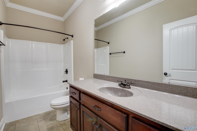 full bath with washtub / shower combination, ornamental molding, toilet, tile patterned floors, and vanity