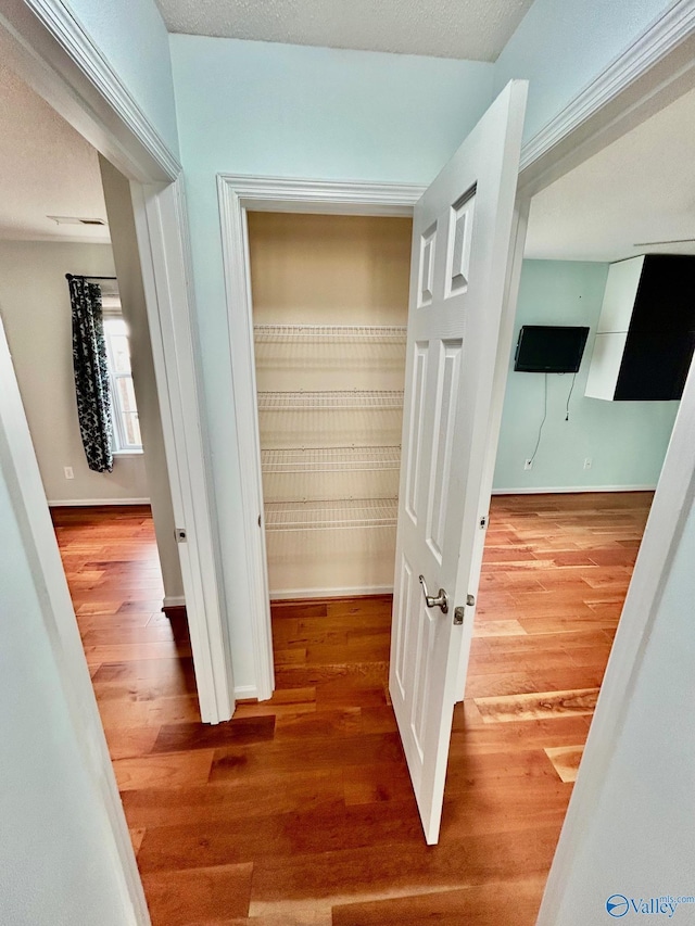 hall featuring wood-type flooring and a textured ceiling