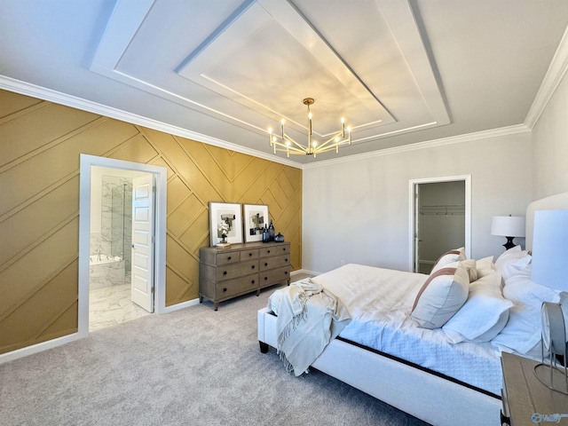 bedroom with carpet, an inviting chandelier, crown molding, a walk in closet, and a raised ceiling