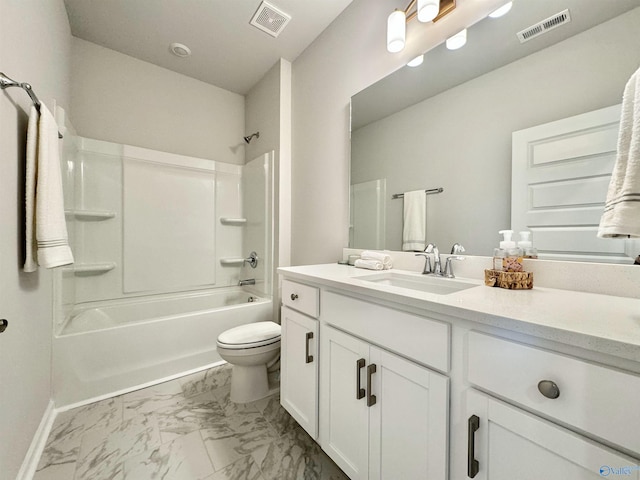 full bathroom with visible vents, marble finish floor, vanity, and toilet