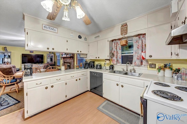 kitchen featuring light hardwood / wood-style floors, sink, ceiling fan, dishwasher, and electric range