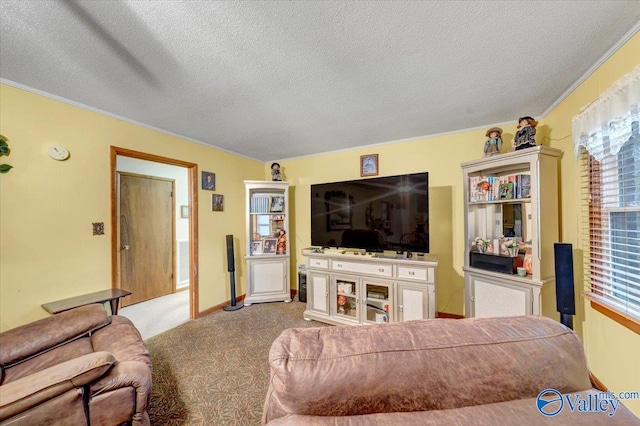 living room featuring light carpet, a textured ceiling, and crown molding