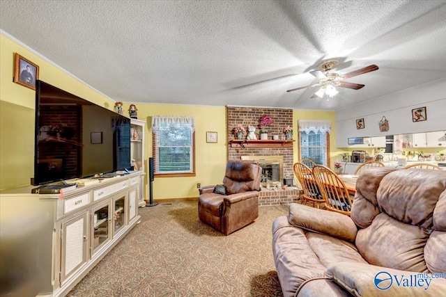 carpeted living room with a fireplace, a textured ceiling, and ceiling fan