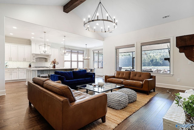 living area featuring visible vents, lofted ceiling with beams, wood-type flooring, a chandelier, and recessed lighting