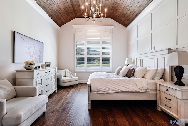 bedroom with dark wood-style flooring, a notable chandelier, wood ceiling, and lofted ceiling