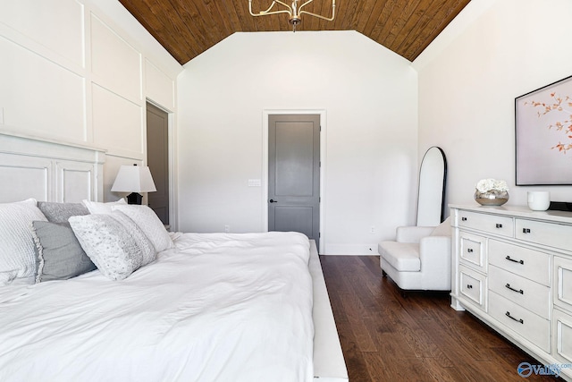 bedroom with an inviting chandelier, lofted ceiling, baseboards, dark wood-type flooring, and wooden ceiling