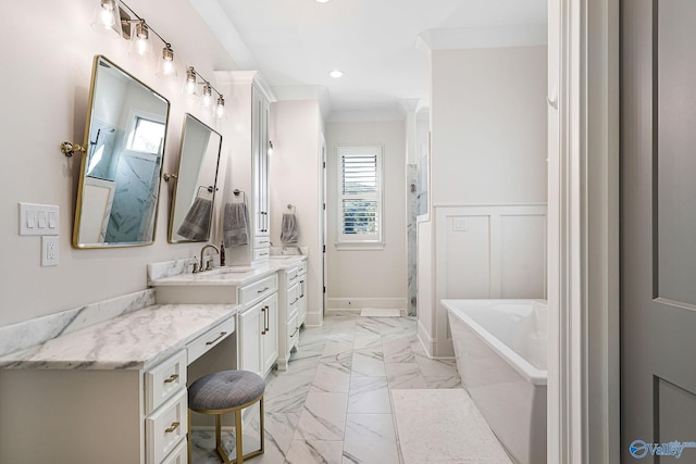 bathroom with vanity, marble finish floor, recessed lighting, a shower stall, and a bath
