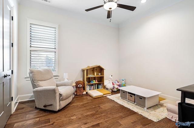 playroom featuring a ceiling fan, baseboards, recessed lighting, and wood finished floors