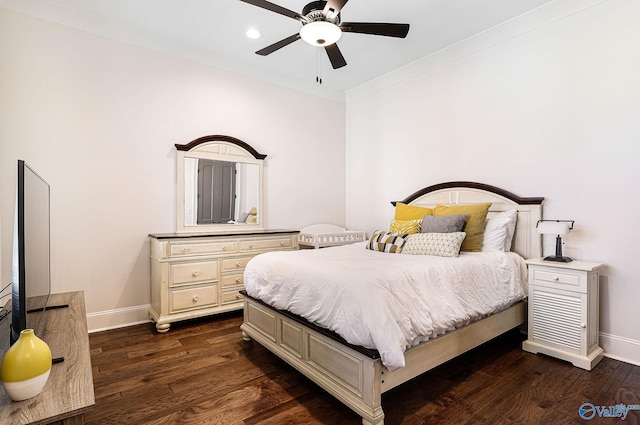 bedroom with recessed lighting, baseboards, a ceiling fan, and dark wood-style floors