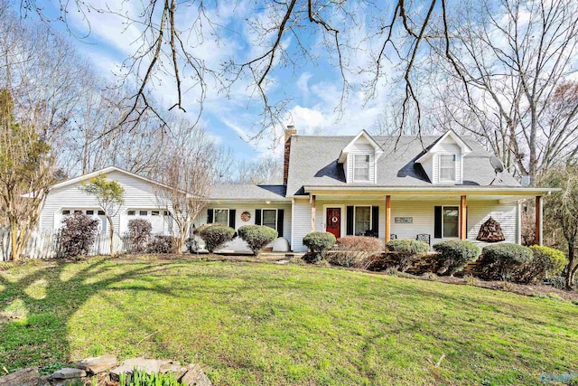 cape cod-style house featuring a porch, a front lawn, a chimney, and an attached garage