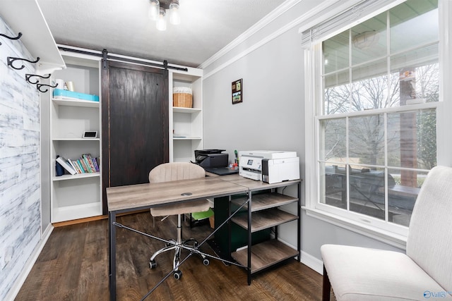 office with ornamental molding, a barn door, wood finished floors, and baseboards