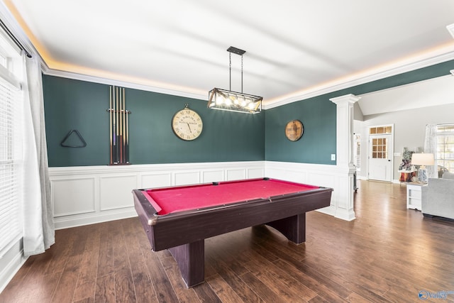 rec room with crown molding, pool table, dark wood-type flooring, and decorative columns